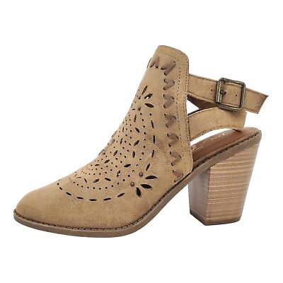 #ad Tan Suede Boots 8.5 Stacked Block Heel Laser Cut Ankle Strap Booties with Buckle $19.99