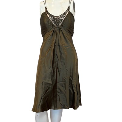 #ad Niteline Olive Green Silk Cocktail Dress Silk Beaded Vintage 80s SZ 4 $39.00