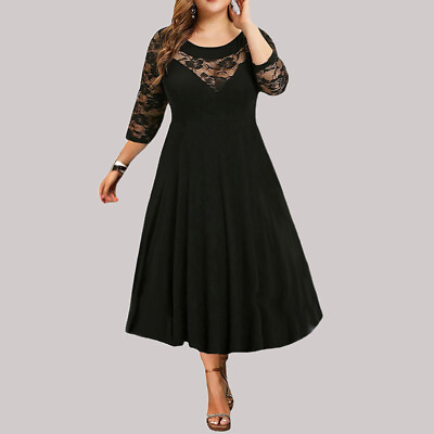 #ad Ladies Cocktail Womens Midi Dress Party Swing Dress Lace 3 4 Sleeve Plus Size $26.99