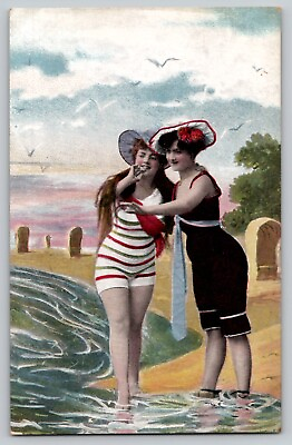 #ad #ad Bathing Beauties Girls Beach Striped Swimming Suits Vtg 1910s Antique Postcard $12.95