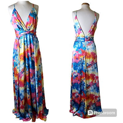 #ad Fashion Nova #x27;Painting in Color#x27; Maxi Dress Size L Multicolor Spaghetti Straps $21.95