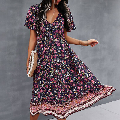 #ad BIG SALE ⭐ Womens Boho Floral Midi Dress V neck Short Sleeve Beach Holiday Dress $16.73