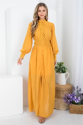 Mustard Yellow Maxi Dress Size Medium Long Sleeve Button Accent Partially Lined $39.95
