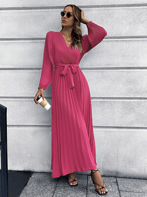 #ad Women Casual Long Sleeve V Neck Pleated A Line Long Maxi Dress $45.39