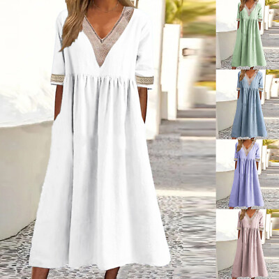 #ad Boho Womens Cotton Linen Summer V Neck Midi Dress Ladies Loose Solid Sundress $18.39