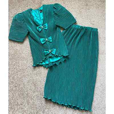 #ad #ad Karen Lawrence Vintage Skirt Set Womens 4 Midi Embellished Bow Event Green $62.99