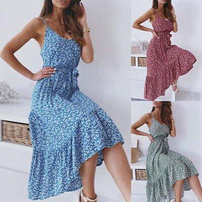 #ad Womens Floral Sleeveless Maxi Dress Summer Holiday Beach Strappy Swing Sundress $18.29