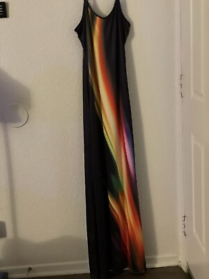 Maxi Dress Extra Long Size M L Black Spaghetti Straps With Vibrant Neon Colors $12.95