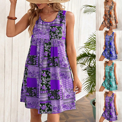 #ad Boho Women Summer Sleeveless A Line Floral Round Neck Dresses Beach Sundresses $19.43