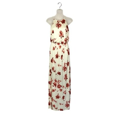 #ad Lush Red Floral Ivory High Neck Long Maxi Dress With Side Slit S $29.95