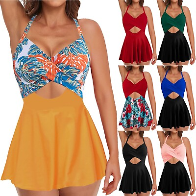 #ad Women Cutout Skirt Swimsuit V Neck Wrap Tie Back Solid Swimdress Bathing Suits $29.87