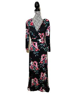 #ad #ad New Women’s Rose Floral Maxi Dress Black Plus XXL Stretchy Long Sleeve $29.73