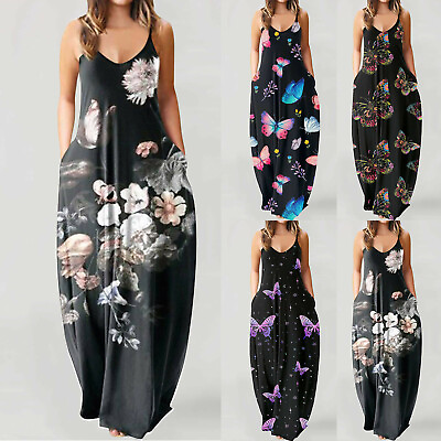 #ad Women Summer Boho O neck Flower Print Sleeveless Plus Size Pullover Long Dresses $20.79