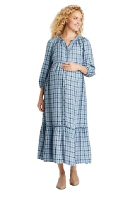 #ad NEW Isabel Maternity Blue Plaid Tiered Maxi Dress Women#x27;s XS with Ruffle Accent $19.95