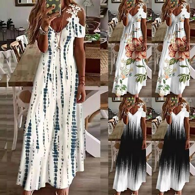 #ad Women#x27;s Lace Cold Shoulder Long Maxi Dress Ladies Summer Holiday Floral Sundress $23.99
