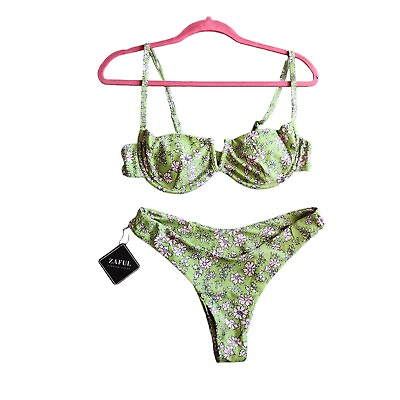 #ad Zaful Womens Bikini Swimsuit Two Piece Green Floral Print Size L 8 $19.00