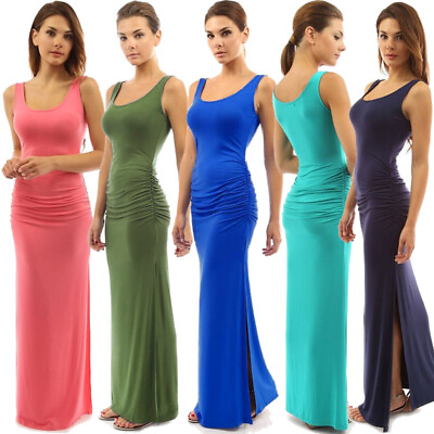 #ad Women#x27;s Casual Long Slit Dresses Slim Tank Dress Sleeveless Maxi Ruffles Dresses $27.99