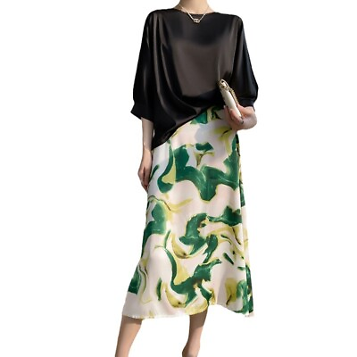 #ad Womens Retro Style Floral Print Faux Silk Satin Mid Long Skirt Dresses Beach 2XL $52.49