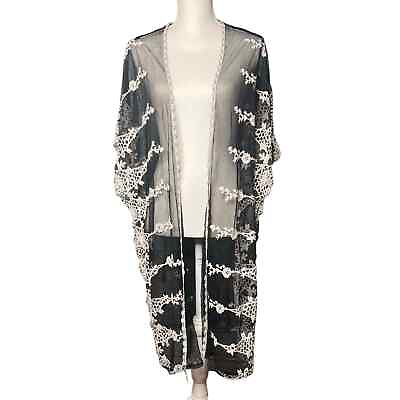 #ad Black and White Lace Floral Embroidered Sheer Open Kimono Intimate Swim Cover Up $24.00