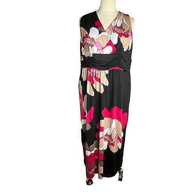 #ad Fashion Bug Maxi Dress Size 3X Sleeveless Empire Waist Black with Bold Floral $25.00
