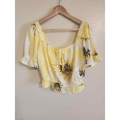 #ad Hamp;M Yellow Sunflower Cottage Peasant Boho Puffy Sleeve Crop Top Size S $18.00