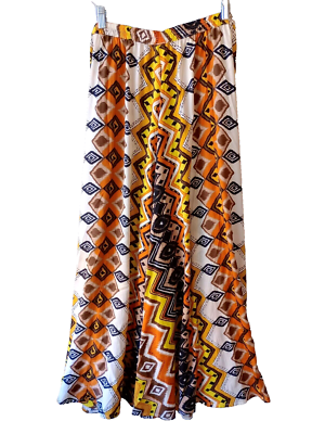 #ad Flowy African Print A Line Skirt Womens L Multicolor Tribal Geo Elastic Waist $16.95