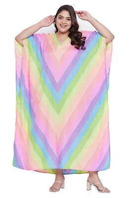 #ad Women Rainbow Print Boho Kaftan Sundress Beach Cover Up Kimono Sleeves Caftan $15.49