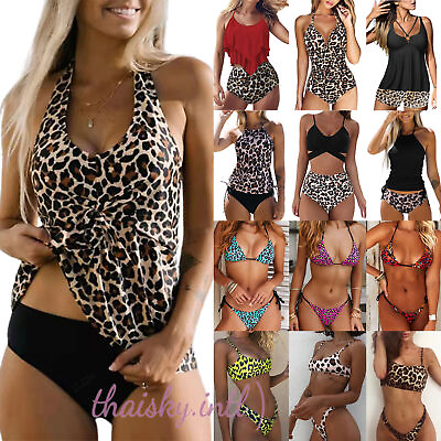Women Leopard Swimwear Tankini Bikini Set Push up Padded Swimsuit Bathing Suit $14.24
