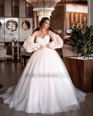 #ad Pink Boho Puffy Sleeve Glitter Lace Sparkle Beach Sweetheart Wedding Dress AU $449.99