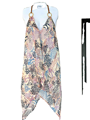 #ad Sun Dress quot;Pop Saint Barthquot; 100% Cotton Light Weight Halter Tassel Coral Print $82.00