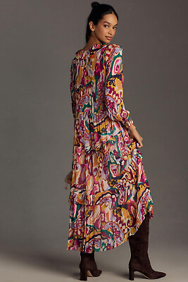 #ad Anthropologie Marais Chiffon Maxi Dress Tiered Romantic Abstract Art Size M NEW $168.00