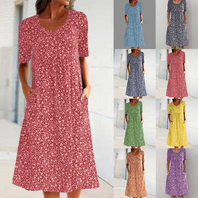 #ad Womens Boho Floral Midi Dress Beach Summer Holiday Pockets Sundress Plus Size $17.95
