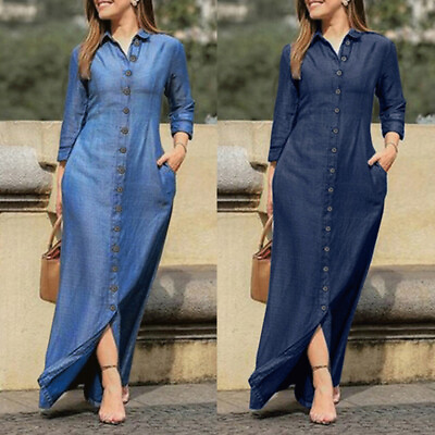 #ad Women Long Sleeve Button Down Shirt Dress Ladies Work Tunic Maxi Dress Plus Size $5.69