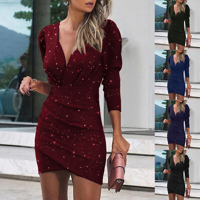 Women Sexy Long Sleeve V Neck Mini Dress Ladies Evening Cocktail Party Ball Gown $19.99