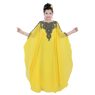 #ad Beautiful Maxi Yellow Full Sleeve Children Kaftan Farasha Party Wear Long Dress $39.99