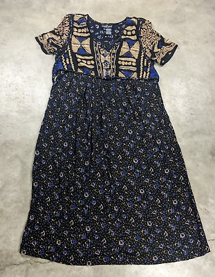 #ad Vintage 90#x27;s Carole Little Dress Blue Aztec Print Maxi Button Front 16 $49.95