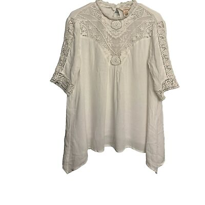 #ad Sundance Lace Crochet Top Cream Embroidered Boho High Neck Victorian Cottage S $25.00