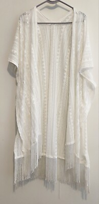 #ad Sheer Fringed Stripe Kimono Cover Up White Cruise Club One Size Minor Stains $14.97