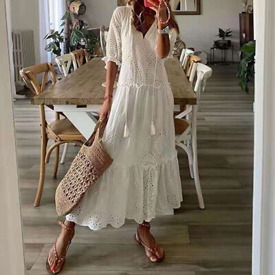 #ad Women#x27;s Floral Lace Maxi Dress V Neck Short Sleeve Bohemia Holiday White Dresses $25.69