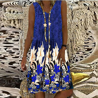 #ad 1X Size 2021 Retro Bohemian Dress Vneck Comfy Summer Casual Blue Flower Print $15.92