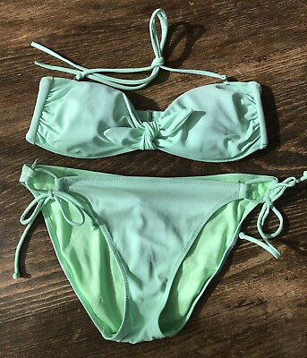 #ad Victoria’s Secret 2 Pc Bikini Small Bandeau Top Medium Bottoms Green Swimsuit $7.20