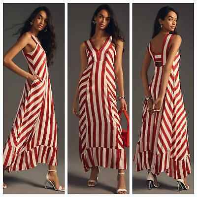 #ad New Anthropologie Maeve V Neck Maxi Dress STRIPED $180 SIZE 2 Red $80.75