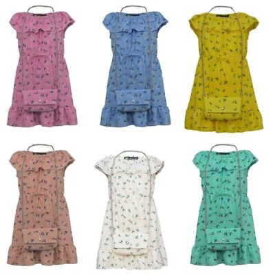Girls Floral Bardot Dress Matching Bag Off Shoulder Kids Top Ruffle Hem 3 14 $37.63