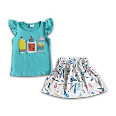 #ad Girls Pencil Embroidery Short Sleeve Skirt Set 2pcs Bback to School Outfit $18.99