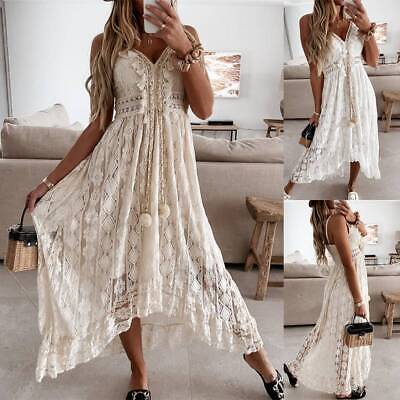 Womens Lace Floral Boho Strappy Maxi Dress Ladies Summer Holiday Beach Sundress $31.72
