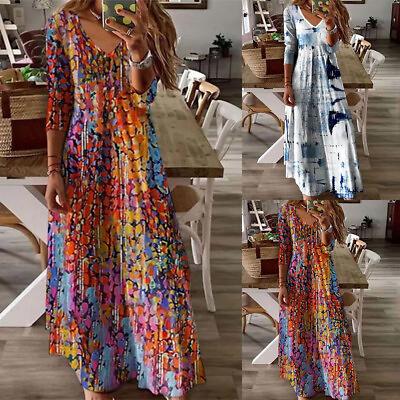 #ad Women#x27;s Boho Floral V Neck Beach Maxi Dress Long Sleeve Casual Loose Party Dress $30.11