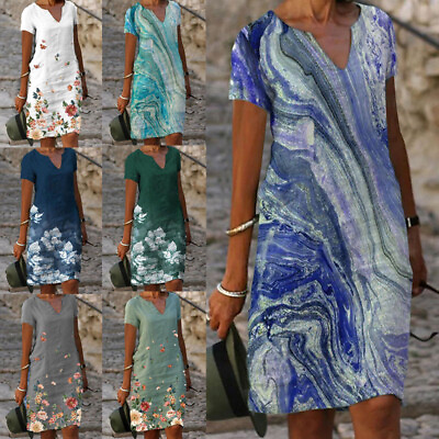 #ad Ladies Knee Length Dress V Neck Summer Beach Sundress Bohemian Short Sleeve $24.07