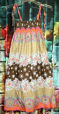 #ad Girls Brown Floral Bohemian Strappy Hippie Tank Dress One Size Lined Summer $14.00