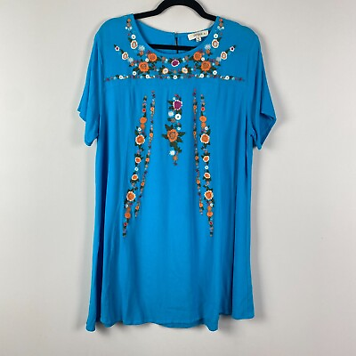 #ad Umgee Mini Tunic Shift Dress Size 1XL Blue Floral Embroidered Boho Short Sleeve $19.95