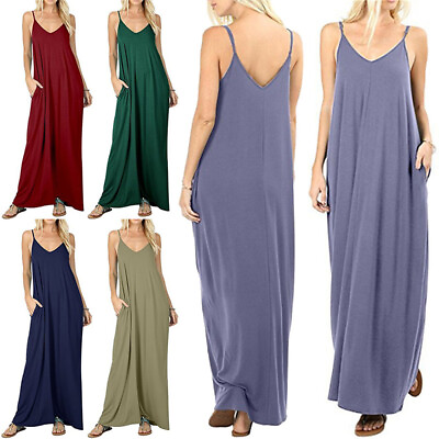 #ad Womens Maxi Beach Dress V Neck Spaghetti Strap Pockets Soft Summer Long Flowing☆ $16.41